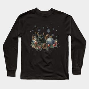 Christmas composition and Black cat, winter scene, snow, holidays, cat in snow, cat in winter, cat lovers Long Sleeve T-Shirt